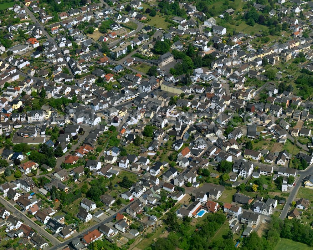 Neuwied from above - View of the Heimbach-Weis part of the town of Neuwied in the state of Rhineland-Palatinate. The town is located in the county district of Mayen-Koblenz on the right riverbank of the river Rhine. The town is an official tourist resort and is an important historic industrial site. Heimbach-Weis is located in its North. It borders Westerwald forest and includes the zoo of Neuwied