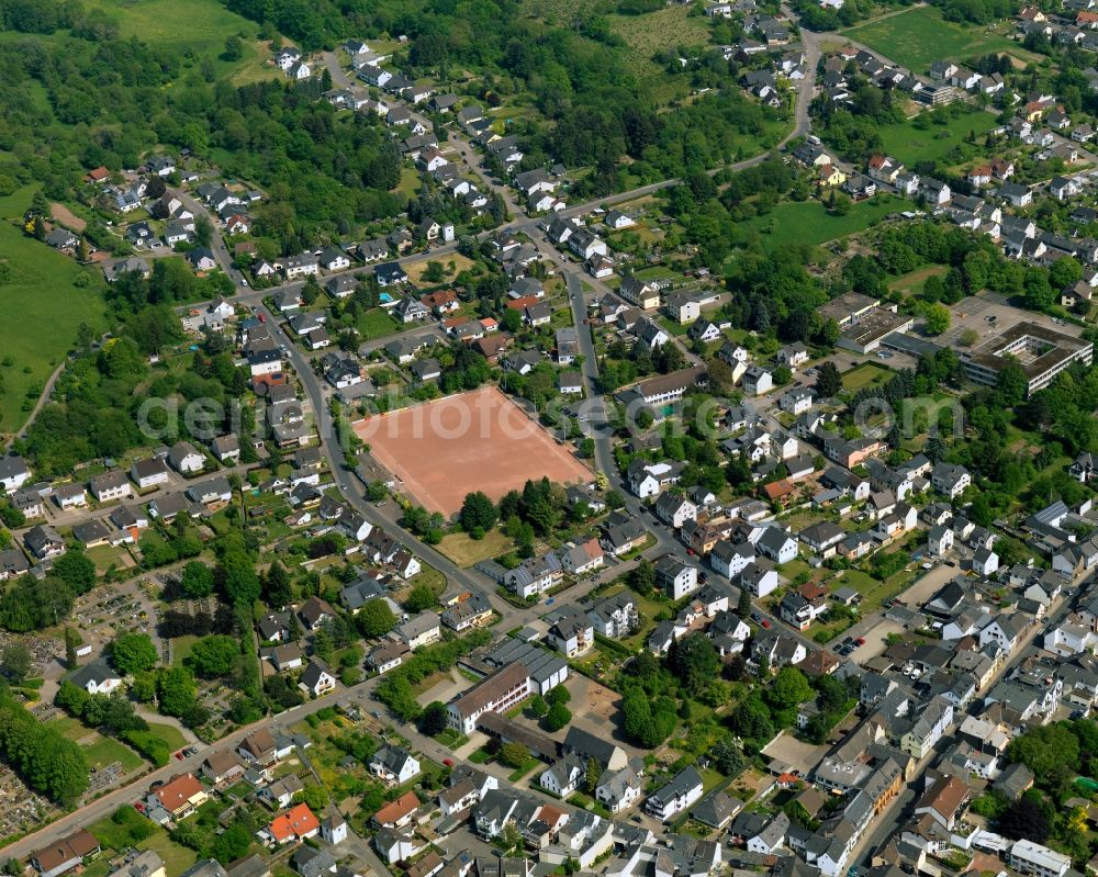 Aerial image Neuwied - View of the Heimbach-Weis part of the town of Neuwied in the state of Rhineland-Palatinate. The town is located in the county district of Mayen-Koblenz on the right riverbank of the river Rhine. The town is an official tourist resort and is an important historic industrial site. Heimbach-Weis is located in its North. It borders Westerwald forest and includes the zoo of Neuwied