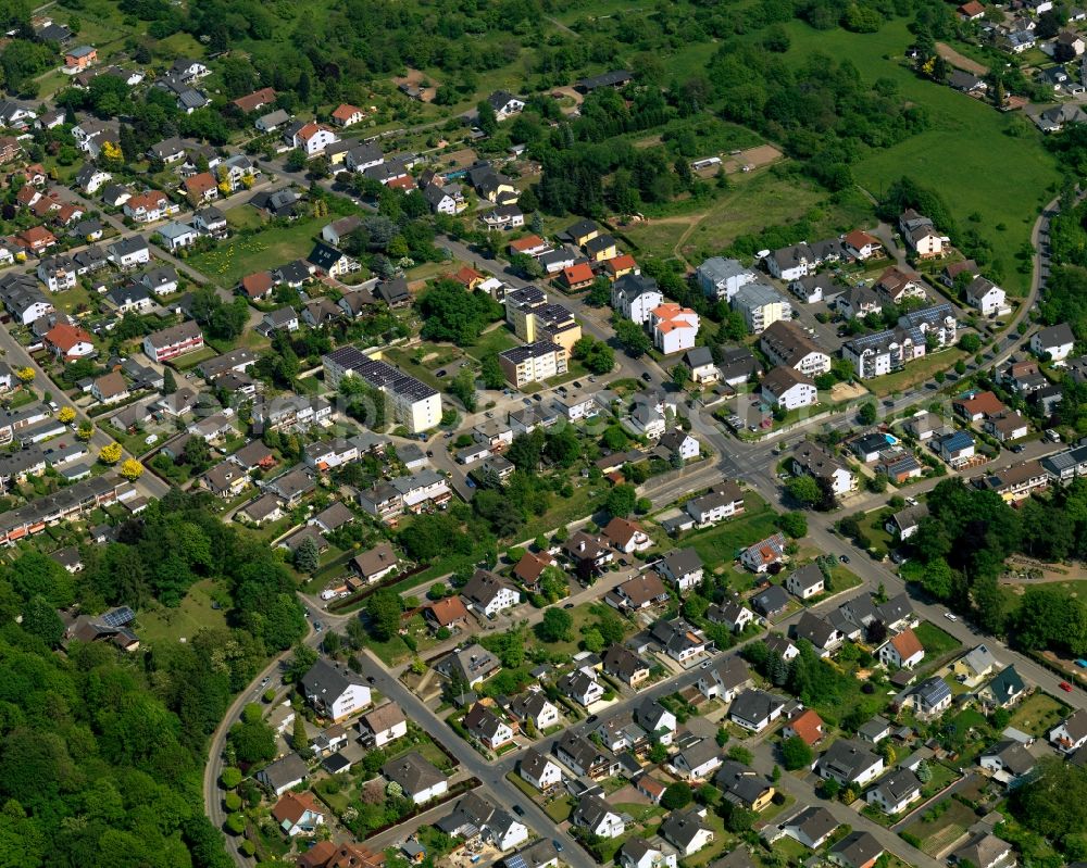 Aerial photograph Neuwied - View of the Heimbach-Weis part of the town of Neuwied in the state of Rhineland-Palatinate. The town is located in the county district of Mayen-Koblenz on the right riverbank of the river Rhine. The town is an official tourist resort and is an important historic industrial site. Heimbach-Weis is located in its North. It borders Westerwald forest and includes the zoo of Neuwied