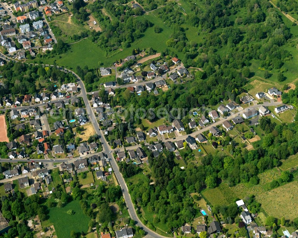 Aerial image Neuwied - View of the Heimbach-Weis part of the town of Neuwied in the state of Rhineland-Palatinate. The town is located in the county district of Mayen-Koblenz on the right riverbank of the river Rhine. The town is an official tourist resort and is an important historic industrial site. Heimbach-Weis is located in its North. It borders Westerwald forest and includes the zoo of Neuwied