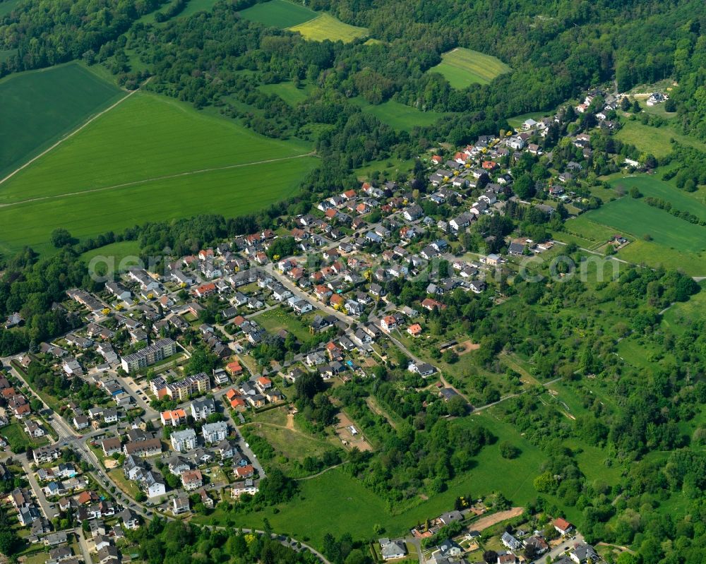 Aerial photograph Neuwied - View of the Heimbach-Weis part of the town of Neuwied in the state of Rhineland-Palatinate. The town is located in the county district of Mayen-Koblenz on the right riverbank of the river Rhine. The town is an official tourist resort and is an important historic industrial site. Heimbach-Weis is located in its North. It borders Westerwald forest and includes the zoo of Neuwied