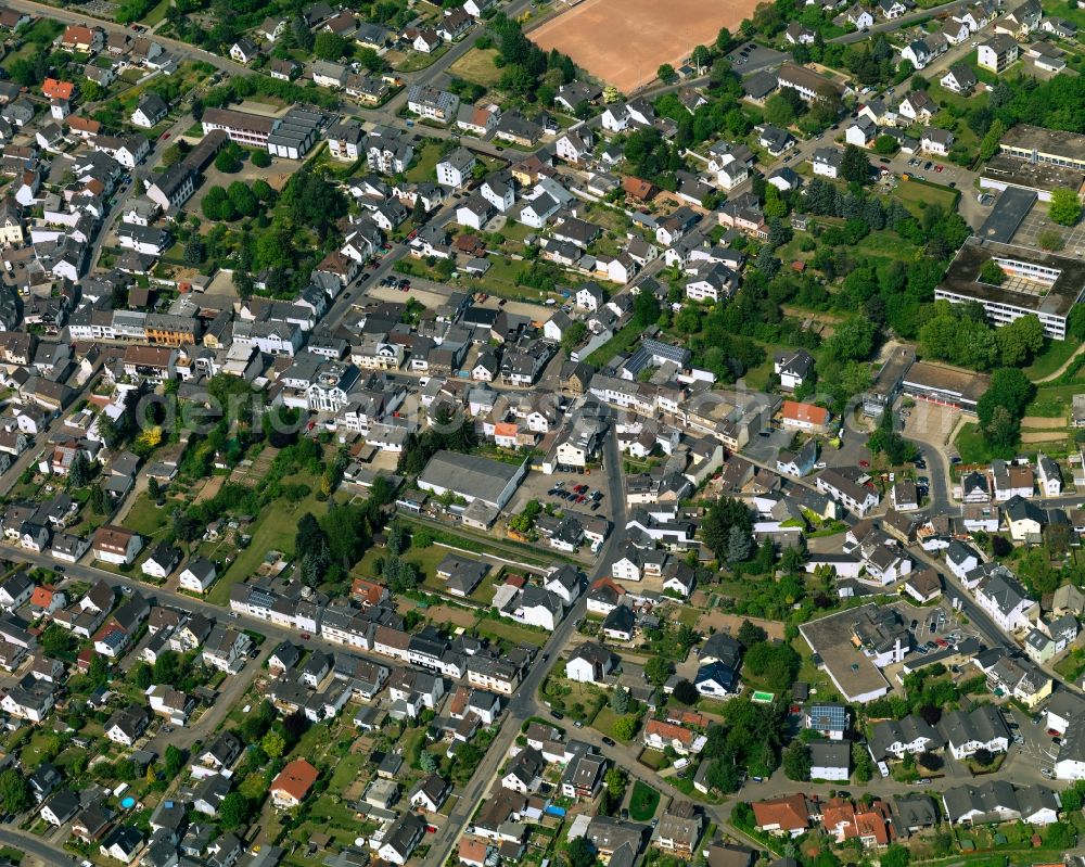 Neuwied from above - View of the Heimbach-Weis part of the town of Neuwied in the state of Rhineland-Palatinate. The town is located in the county district of Mayen-Koblenz on the right riverbank of the river Rhine. The town is an official tourist resort and is an important historic industrial site. Heimbach-Weis is located in its North. It borders Westerwald forest and includes the zoo of Neuwied