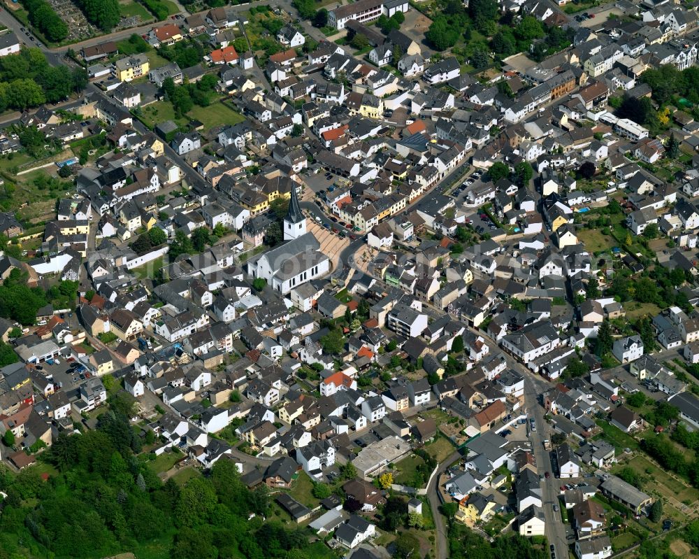 Neuwied from above - View of the Heimbach-Weis part of the town of Neuwied in the state of Rhineland-Palatinate. The town is located in the county district of Mayen-Koblenz on the right riverbank of the river Rhine. The town is an official tourist resort and is an important historic industrial site. Heimbach-Weis is located in its North. It borders Westerwald forest and includes the zoo of Neuwied