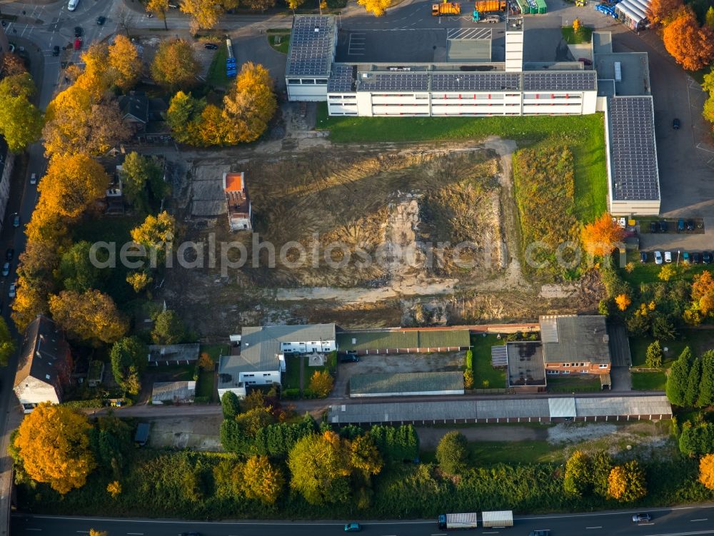 Gladbeck from above - View of the autumnal area around Roter Turm (Red Tower) in Gladbeck in the state of North Rhine-Westphalia. The tower is a remaining rest of the former slaughterhouse where residential buildings are being planned