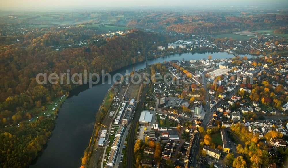 Aerial image Kettwig - View of the autumnal Kettwig on the riverbank of the Ruhr with the industrial area on Ruhrtalstrasse in the state of North Rhine-Westphalia