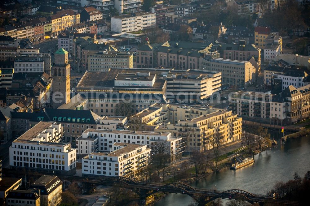 Mülheim an der Ruhr from above - View of the town centre of autumnal Muelheim on the Ruhr in the state of North Rhine-Westphalia. The city hall is located in the foreground on the riverbank of the Ruhr