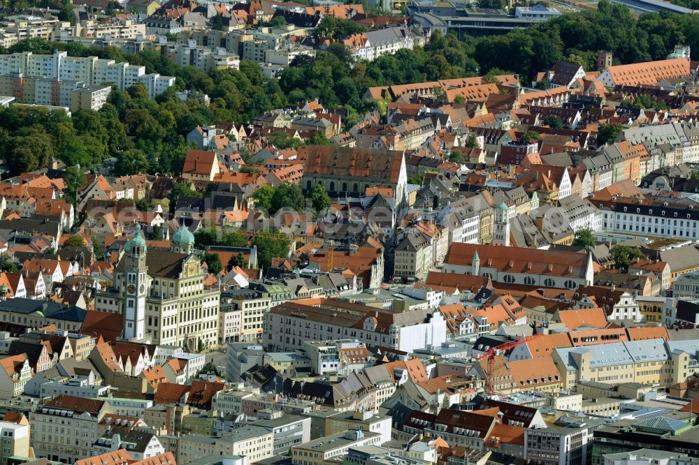 Augsburg from the bird's eye view: View of the historic city center of Augsburg in the state of Bavaria. View along Maximilianstrasse. The building with the twin towers is the city hall