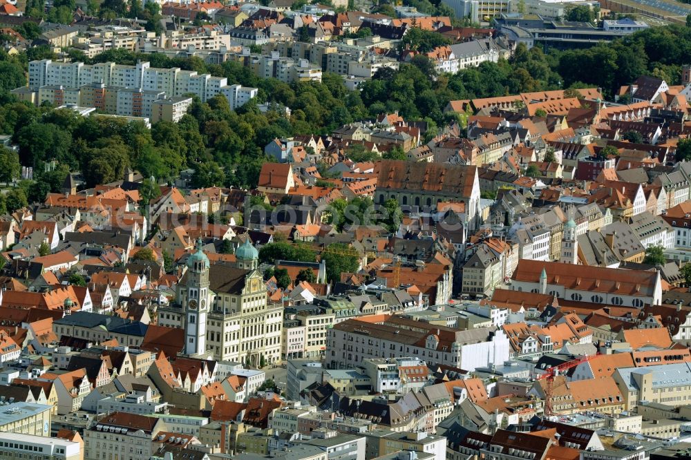 Aerial image Augsburg - View of the historic city center of Augsburg in the state of Bavaria. View along Maximilianstrasse. The building with the twin towers is the city hall