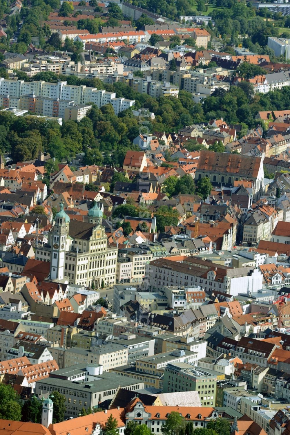Aerial photograph Augsburg - View of the historic city center of Augsburg in the state of Bavaria. View along Maximilianstrasse. The building with the twin towers is the city hall