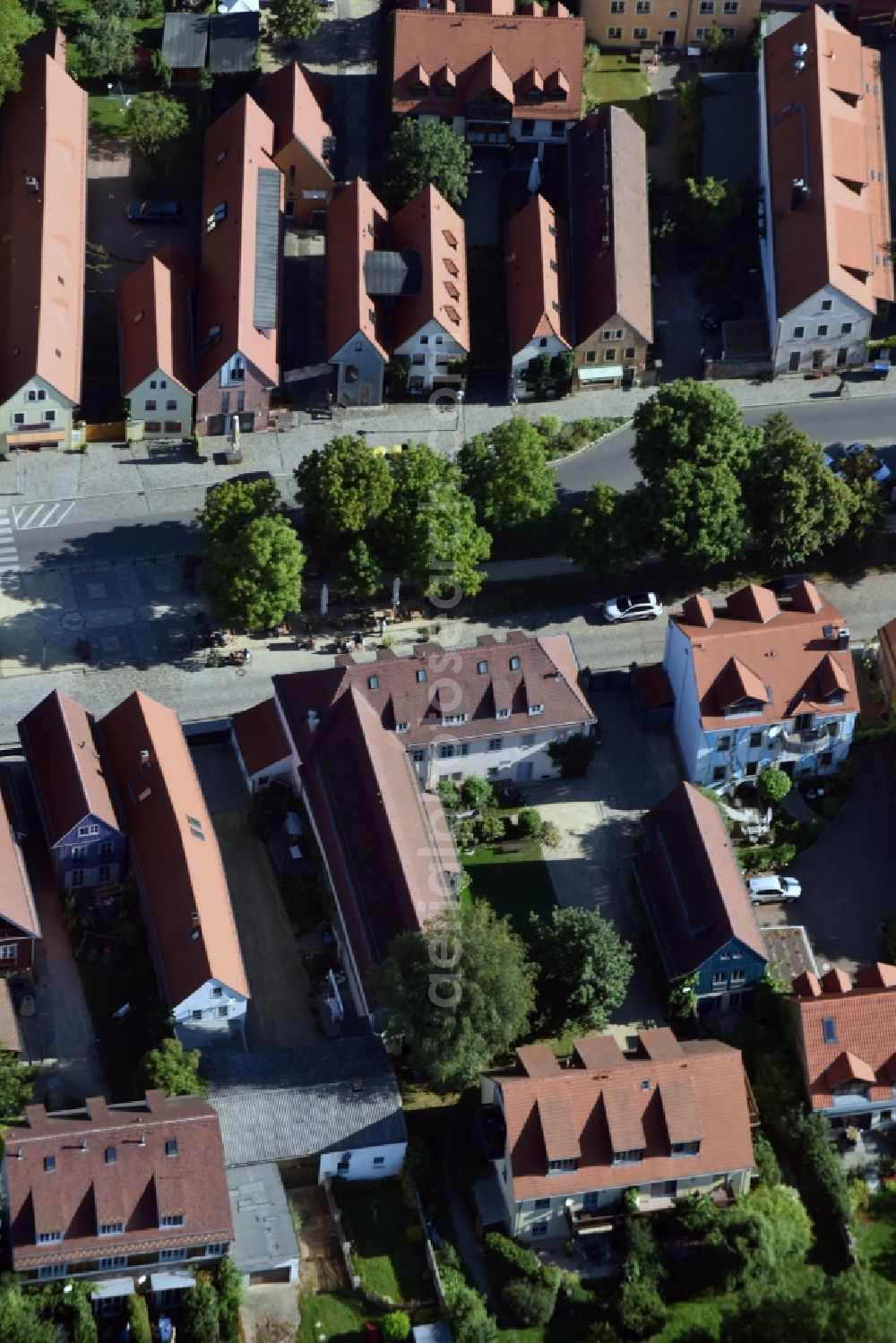 Radebeul from the bird's eye view: View of the historical center of Altkoetzschenbroda in the South of Radebeul in the state of Saxony. The borough consists of historical buildings and trees in the center of its main street