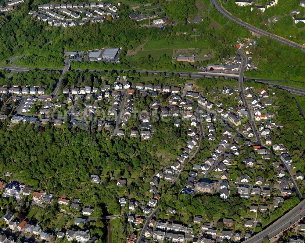 Aerial photograph Koblenz - View of the Horchheim part of Koblenz in the state Rhineland-Palatinate. Koblenz is located on both sides of the rivers Rhine and Moselle and is surrounded by hills and fields. It is a university town and one of the oldest towns of Germany. The Horchheim part is located on the right riverbank of the Rhine and is mainly a residential area