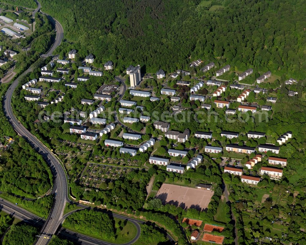 Koblenz from above - View of the Horchheim part of Koblenz in the state Rhineland-Palatinate. Koblenz is located on both sides of the rivers Rhine and Moselle and is surrounded by hills and fields. It is a university town and one of the oldest towns of Germany. The Horchheim part is located on the right riverbank of the Rhine and is mainly a residential area