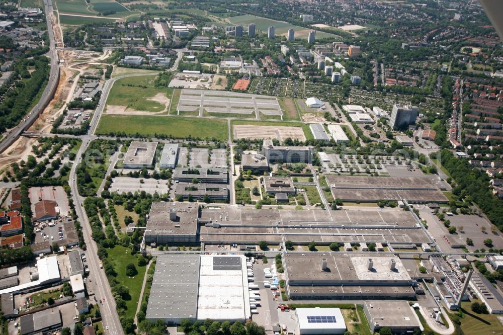 Mainz from above - View of the industrial area in the Weisenau part of Mainz in the state of Rhineland-Palatinate. View of the industrial area in the Northeast of the city where a branch of IBM is located