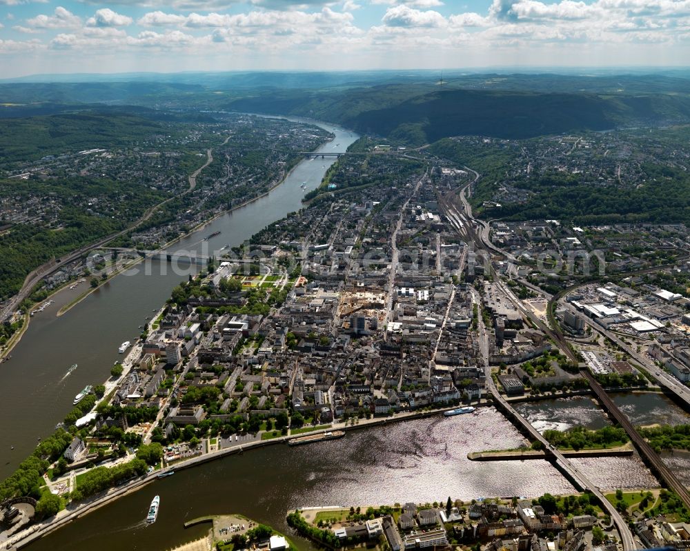 Koblenz from above - Historic town centre of Koblenz in the state Rhineland-Palatinate. The town centre is characterised by the river Rhine which circumvents several landmarks of the town and is spanned by bridges