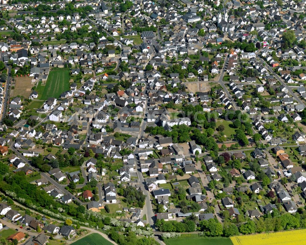 Aerial image Polch - View of the historic town centre of Polch in the state of Rhineland-Palatinate. The agricultural town is located in the county district of Mayen-Koblenz in the borough of Maifeld, in the South of the federal motorway A 48. Its historic centre consists of residential buildings as well as the catholic parochial church of Saint Stephan with its twin towers