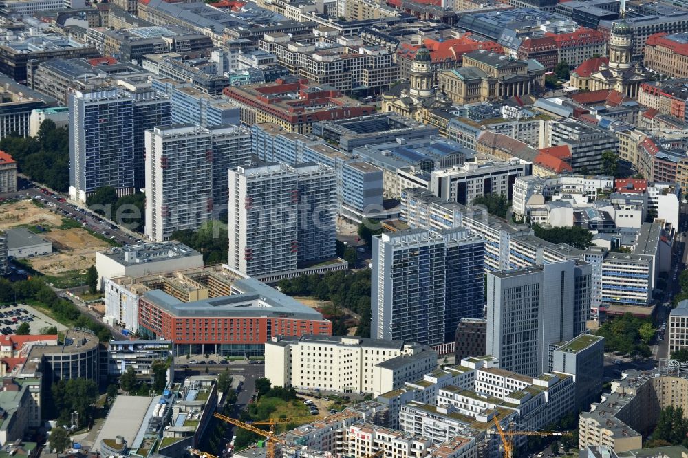 Berlin Mitte from the bird's eye view: Partial view of city downtown area at the corner of Friedrichstrasse and Leipziger Straße in Berlin-Mitte