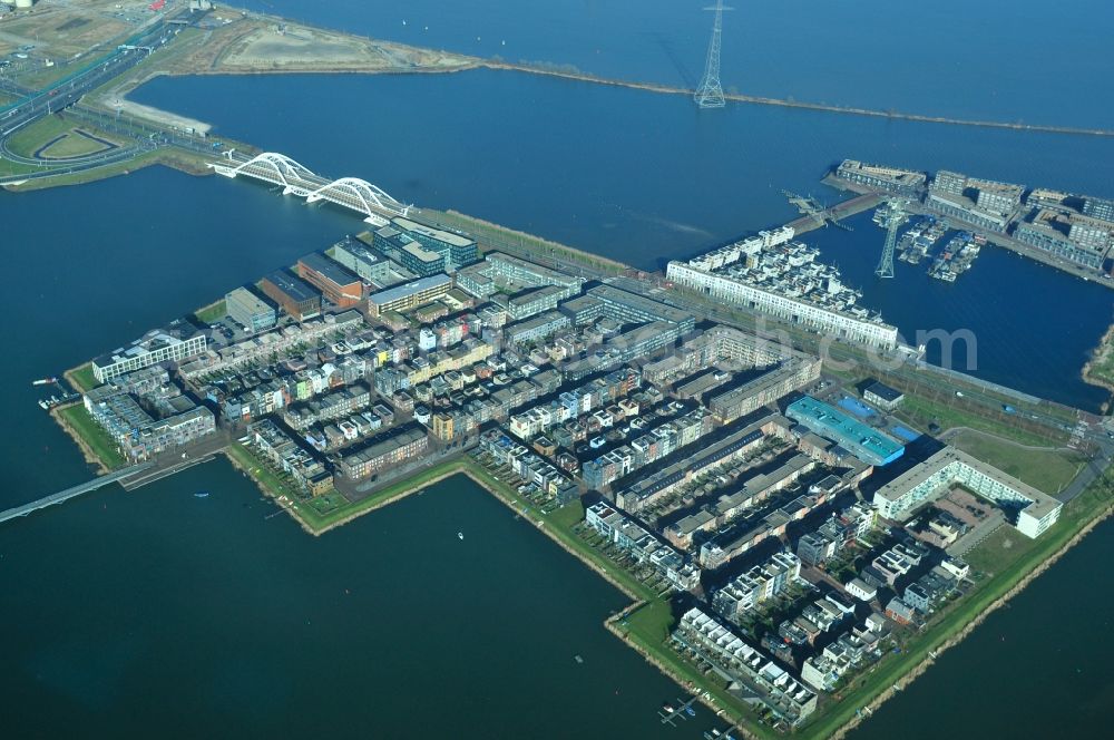 Amsterdam from above - View at the island Steigereiland and the bridges IJburglaan and Zeeburgerbrug in Amsterdam in the province of North Holland in the Netherlands. Steigereiland is one of seven artificial islands of the district IJburg