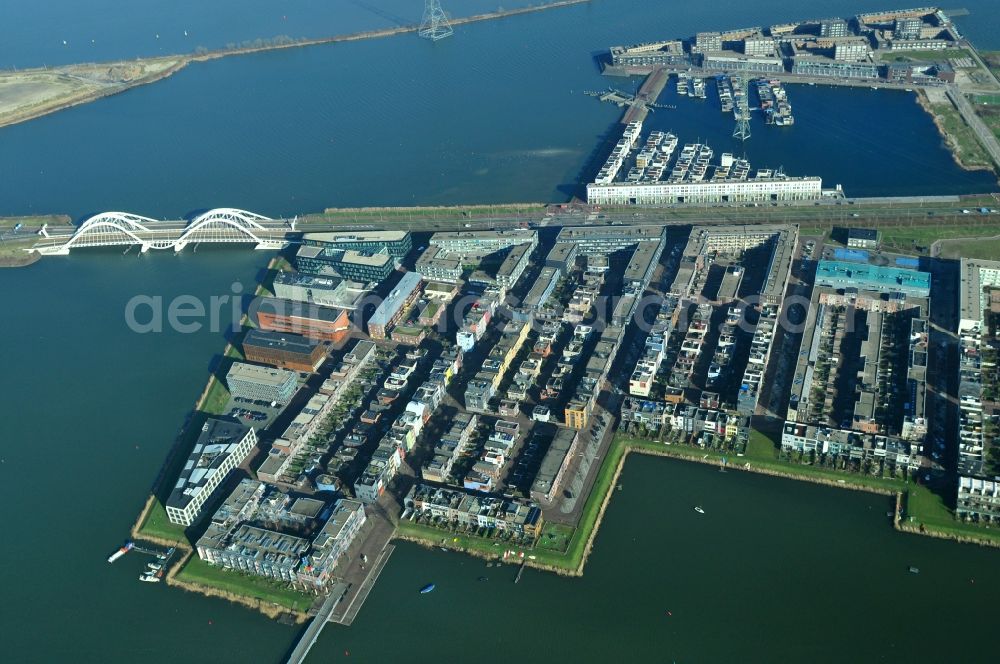 Amsterdam from the bird's eye view: View at the island Steigereiland and the bridges IJburglaan and Zeeburgerbrug in Amsterdam in the province of North Holland in the Netherlands. Steigereiland is one of seven artificial islands of the district IJburg