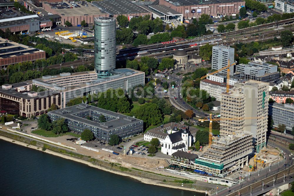 Aerial photograph Köln Deutz - Blick auf den Kölner Stadtteil Deutz in Nordrhein-Westfalen mit dem Sitz des LVR - Landschaftsverband Rheinland, der Baustelle des maxCologne, ehemals die Lufthansa-Verwaltung, der Kirche Alt St. Heribert, dem Gebäude der EASA - Europäische Agentur für Flugsicherheit und dem dazugehörigen Hochhaus Koelntriangel usw. View over Cologne district Deutz in North Rhine-Westphalia with the place of municipality LVR - Landschaftsverband Rheinland, construction area of maxCologne, formerly the administrative building of Lufthansa, church Old St. Heribert, building of EASA - European Aviation Safety Agency and attached tower building KölnTriangle etc.