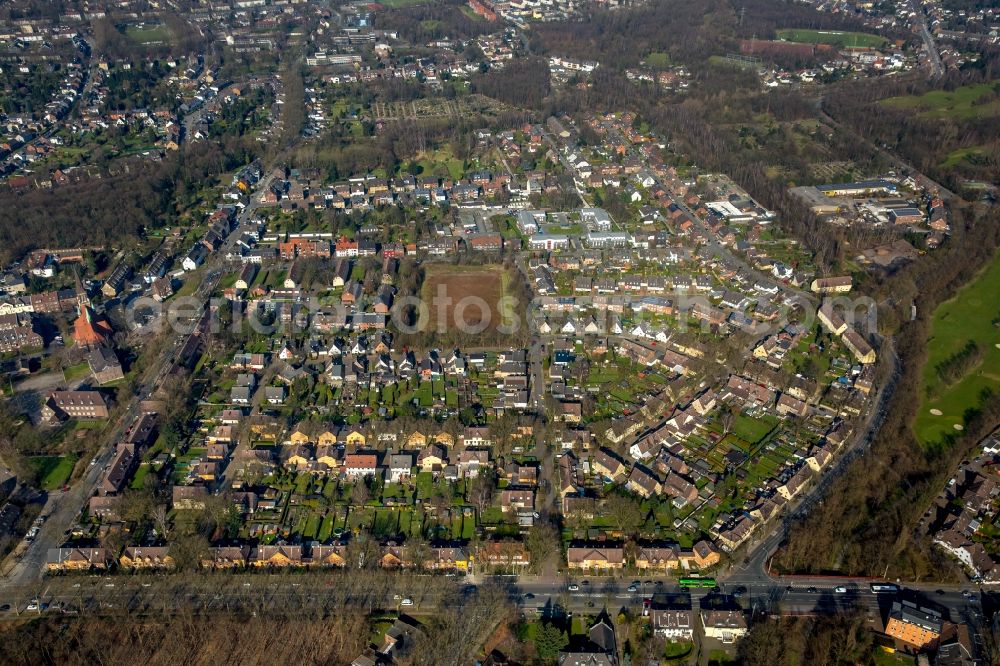 Aerial image Oberhausen - View of the Klosterhardt part and the football pitch on Klosterhardter Strasse in Oberhausen in the state of North Rhine-Westphalia