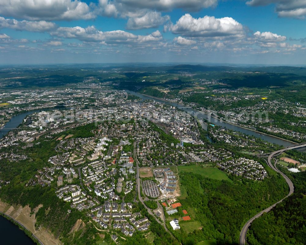 Aerial image Koblenz - View of the Karthause part of Koblenz in the state Rhineland-Palatinate. The largest part of Koblenz is located in its South, between the rivers Moselle and Rhine. For statistical reasons it consists of three parts: Karthause North, Karthause Airfield and Karthaeuserhofgelaende