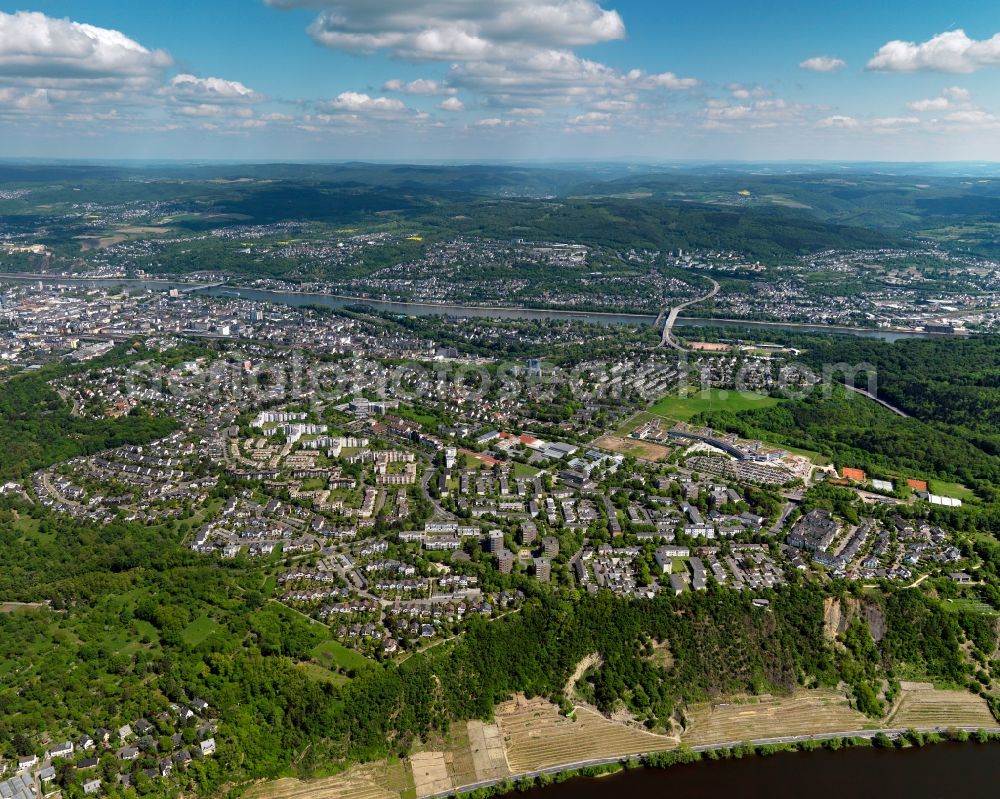 Aerial photograph Koblenz - View of the Karthause part of Koblenz in the state Rhineland-Palatinate. The largest part of Koblenz is located in its South, between the rivers Moselle and Rhine. For statistical reasons it consists of three parts: Karthause North, Karthause Airfield and Karthaeuserhofgelaende