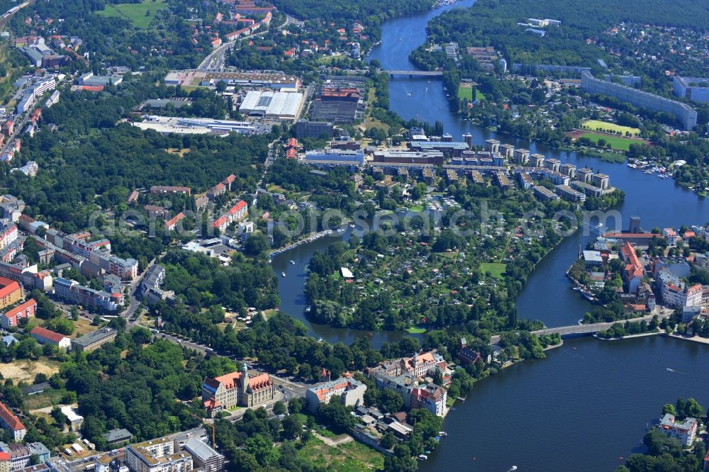 Aerial image Berlin - Köpenick's old town partial view with tree garden island on the banks of the Müggelspree in Berlin - Köpenick