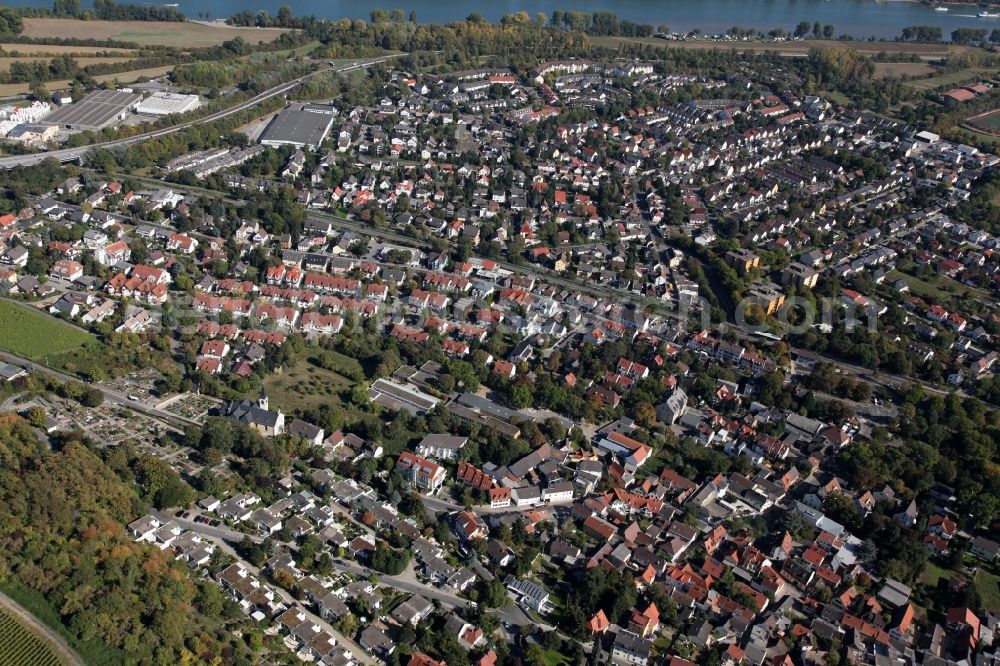 Mainz from above - View of the Laubenheim part of Mainz in the state of Rhineland-Palatinate. The district consists of historic residential and business buildings as well as estates and appartment blocks. It is located on the riverbank of the Rhine, in the South of Mainz