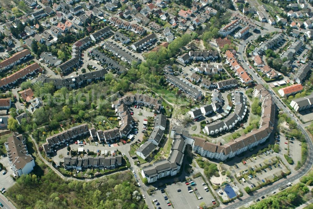 Mainz from above - View of the Laubenheim part of Mainz in the state of Rhineland-Palatinate. The district consists of historic residential and business buildings as well as estates and appartment blocks. It is located on the riverbank of the Rhine, in the South of Mainz, and is partly surrounded by fields and agricultural land