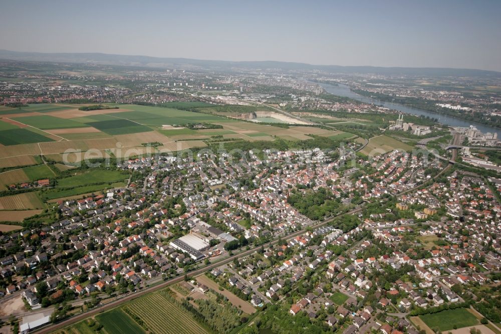 Mainz from above - View of the Laubenheim part of Mainz in the state of Rhineland-Palatinate. The district consists of historic residential and business buildings as well as estates and appartment blocks. It is located on the riverbank of the Rhine, in the South of Mainz, and is partly surrounded by fields and agricultural land