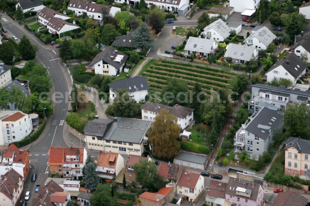 Aerial photograph Mainz - View of the Laubenheim part of Mainz in the state of Rhineland-Palatinate. The district consists of historic residential and business buildings as well as estates and appartment blocks. It is located on the riverbank of the Rhine, in the South of Mainz, and is partly surrounded by fields and agricultural land