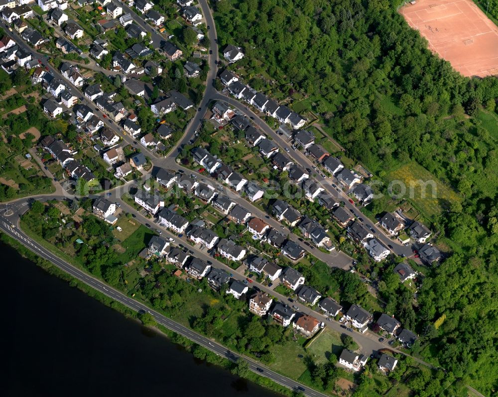 Koblenz from above - View of the Lay part of Koblenz in the state Rhineland-Palatinate. Lay is located on the left riverbank of the river Moselle. A bit further away from the town centre, it is surrounded by hills and meadows and a pure residential area