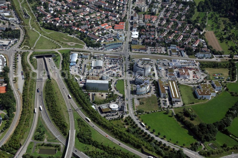 Leonberg from above - Partial view of the city Leonberg, with the commerical area on Rantelstrasse near to the highway BAB 8 / E52 in the tate of Baden-Wuerrttemberg