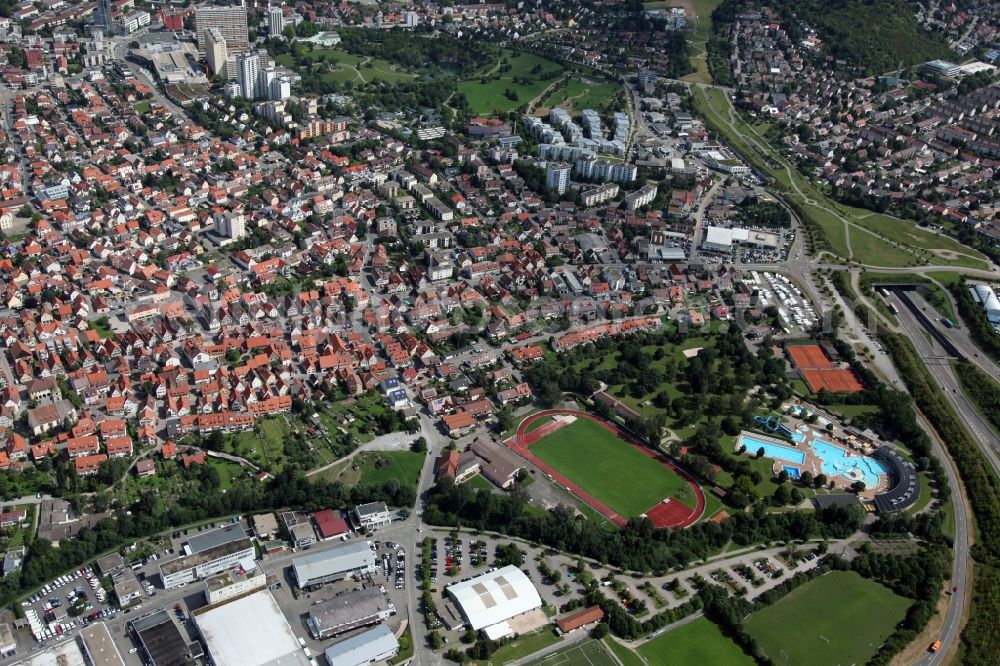 Aerial photograph Leonberg - Partial view of the city Leonberg, with the commerical area on Rantelstrasse near to the highway BAB 8 / E52 in the tate of Baden-Wuerrttemberg