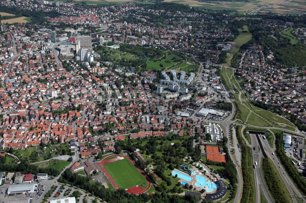 Leonberg from above - Partial view of the city Leonberg, with the commerical area on Rantelstrasse near to the highway BAB 8 / E52 in the tate of Baden-Wuerrttemberg