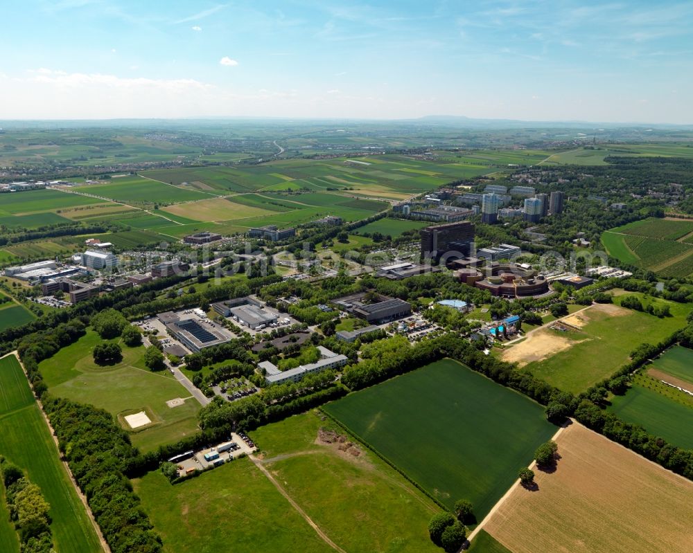 Mainz from above - View of the Lerchenberg district of Mainz in the state of Rhineland-Palatinate. The Western district has been part of Mainz since 1964 and is widely known as the location of the broadcasting studios of the public TV station ZDF. Lerchenberg is surrounded by agricultural land