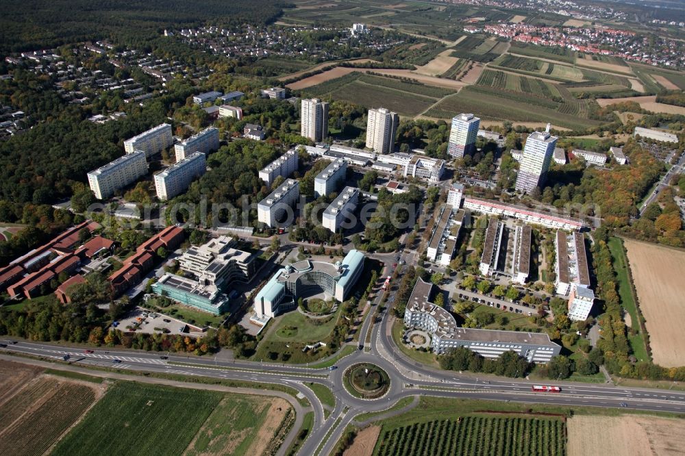 Aerial image Mainz - View of the Lerchenberg district of Mainz in the state of Rhineland-Palatinate. The Western district has been part of Mainz since 1964 and is widely known as the location of the broadcasting studios of the public TV station ZDF. Lerchenberg is surrounded by agricultural land