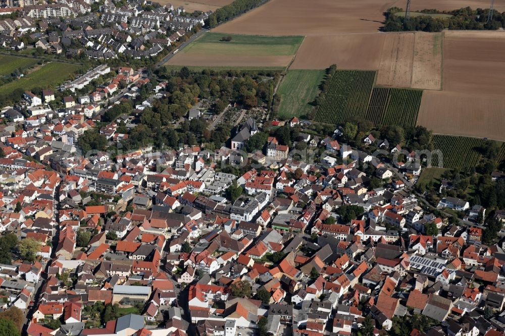 Mainz from the bird's eye view: View of the Hechtsheim part in the city of Mainz in Rhineland-Palatinate. The district is located in the agriculturally informed South of the state capital and consists largely of residential estates and single family homes. Hechtsheim is the largest district of Mainz