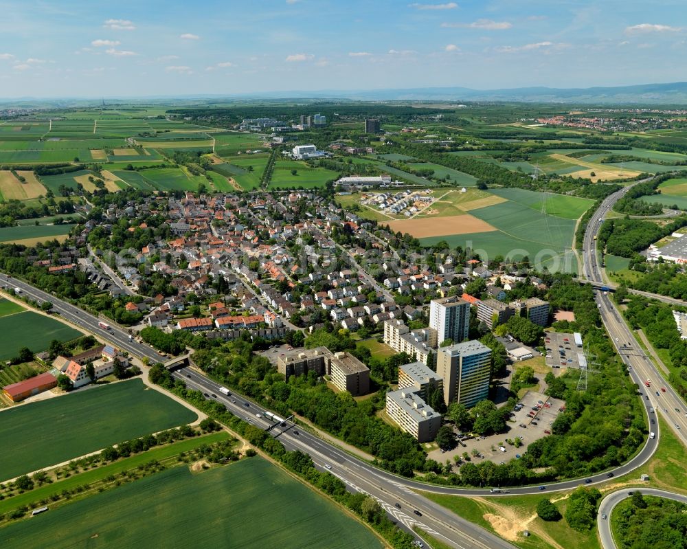 Aerial image Mainz - View of the Marienborn district of Mainz in the state of Rhineland-Palatinate. The Western district of Mainz is located on the federal motorway A63 and is still characterised by agriculture and agricultural land. Today, there are several residential high-rises on site