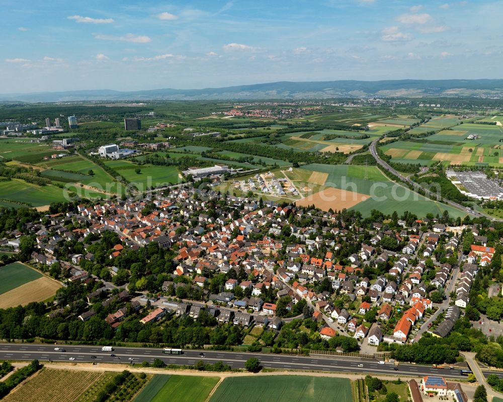 Aerial photograph Mainz - View of the Marienborn district of Mainz in the state of Rhineland-Palatinate. The Western district of Mainz is located on the federal motorway A63 and is still characterised by agriculture and agricultural land. Today, there are several residential high-rises on site