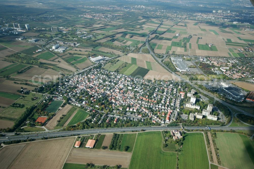 Aerial photograph Mainz - View of the Marienborn district of Mainz in the state of Rhineland-Palatinate. The Western district of Mainz is located on the federal motorway A63 and is still characterised by agriculture and agricultural land. Today, there are several residential high-rises on site