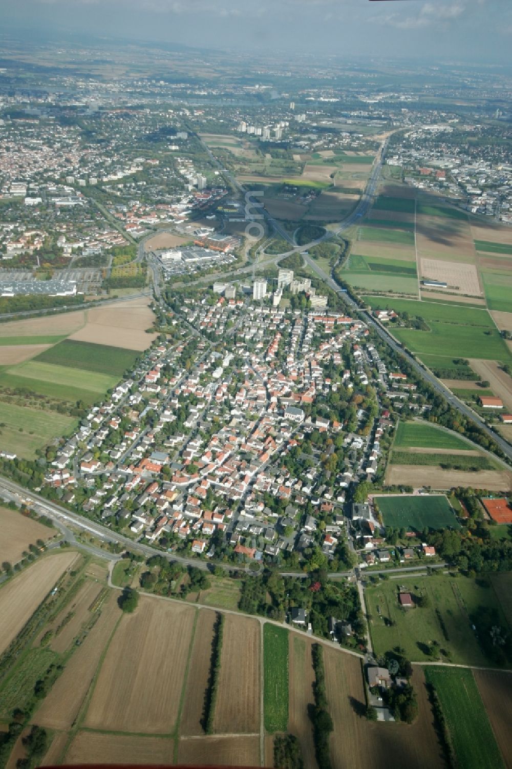 Mainz from above - View of the Marienborn district of Mainz in the state of Rhineland-Palatinate. The Western district of Mainz is located on the federal motorway A63 and is still characterised by agriculture and agricultural land. Today, there are several residential high-rises on site