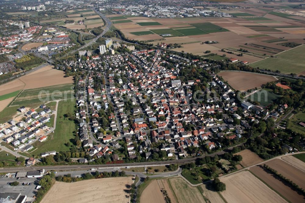 Mainz from the bird's eye view: View of the Marienborn district of Mainz in the state of Rhineland-Palatinate. The Western district of Mainz is located on the federal motorway A63 and is still characterised by agriculture and agricultural land. Today, there are several residential high-rises on site