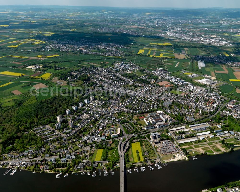 Koblenz from above - View of the Metternich part of Koblenz in the state Rhineland-Palatinate. Metternich is located on the left riverbank of the river Moselle. It includes a the campus of the University of Koblenz-Landau, the central military hospital and a nature park