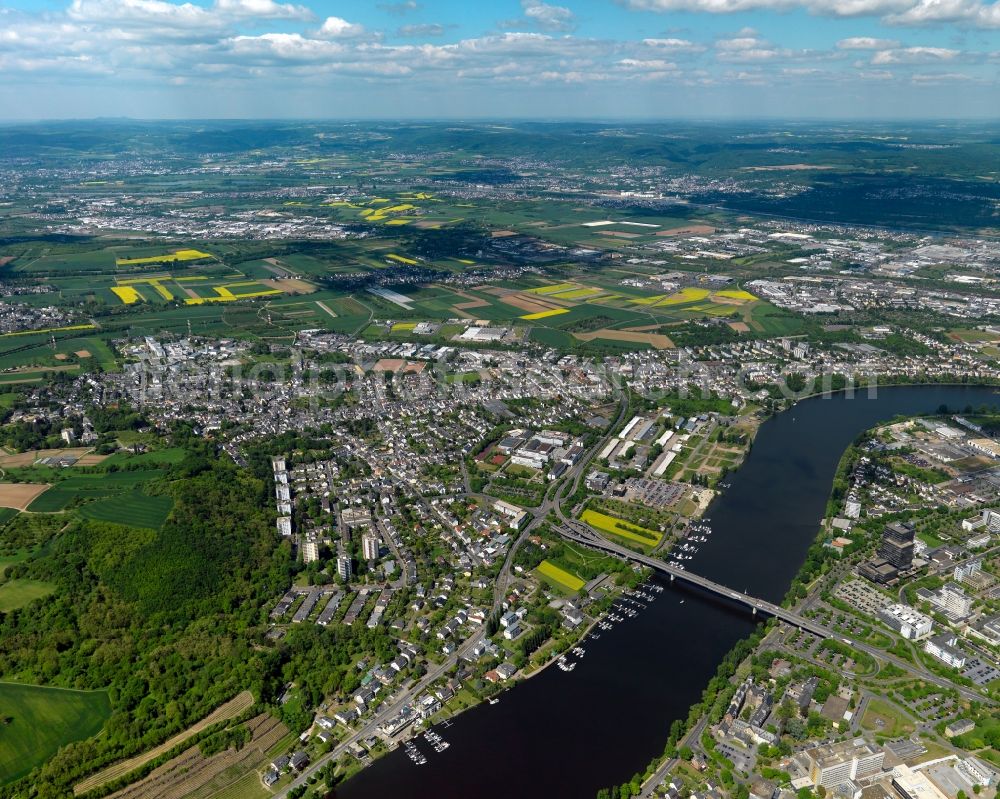 Koblenz from the bird's eye view: View of the Metternich part of Koblenz in the state Rhineland-Palatinate. Metternich is located on the left riverbank of the river Moselle. It includes a the campus of the University of Koblenz-Landau, the central military hospital and a nature park