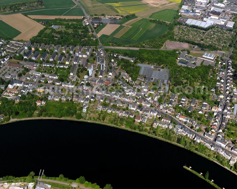 Aerial image Koblenz - View of the Metternich part of Koblenz in the state Rhineland-Palatinate. Metternich is located on the left riverbank of the river Moselle. It includes a the campus of the University of Koblenz-Landau, the central military hospital and a nature park