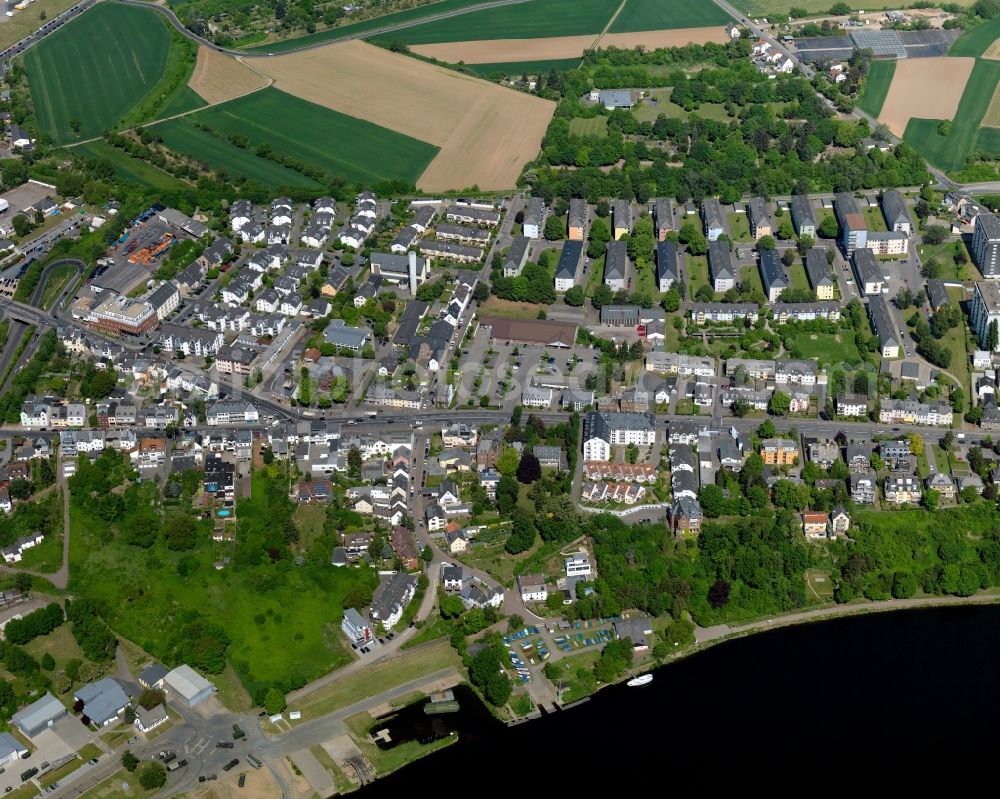 Aerial photograph Koblenz - View of the Metternich part of Koblenz in the state Rhineland-Palatinate. Metternich is located on the left riverbank of the river Moselle. It includes a the campus of the University of Koblenz-Landau, the central military hospital and a nature park