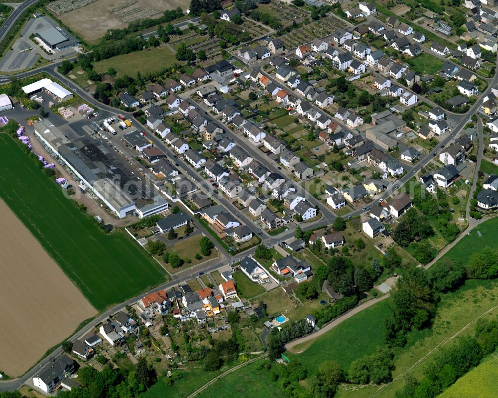 Aerial image Andernach - View of the Miesenheim district of Andernach in the state of Rhineland-Palatinate. The town is located in the county district of Mayen-Koblenz on the left riverbank of the river Rhine. The town is characterised by industry, consists of five boroughs and districts and belongs to the oldest towns in Germany. Miesenheim is the southern-most district of Andernach