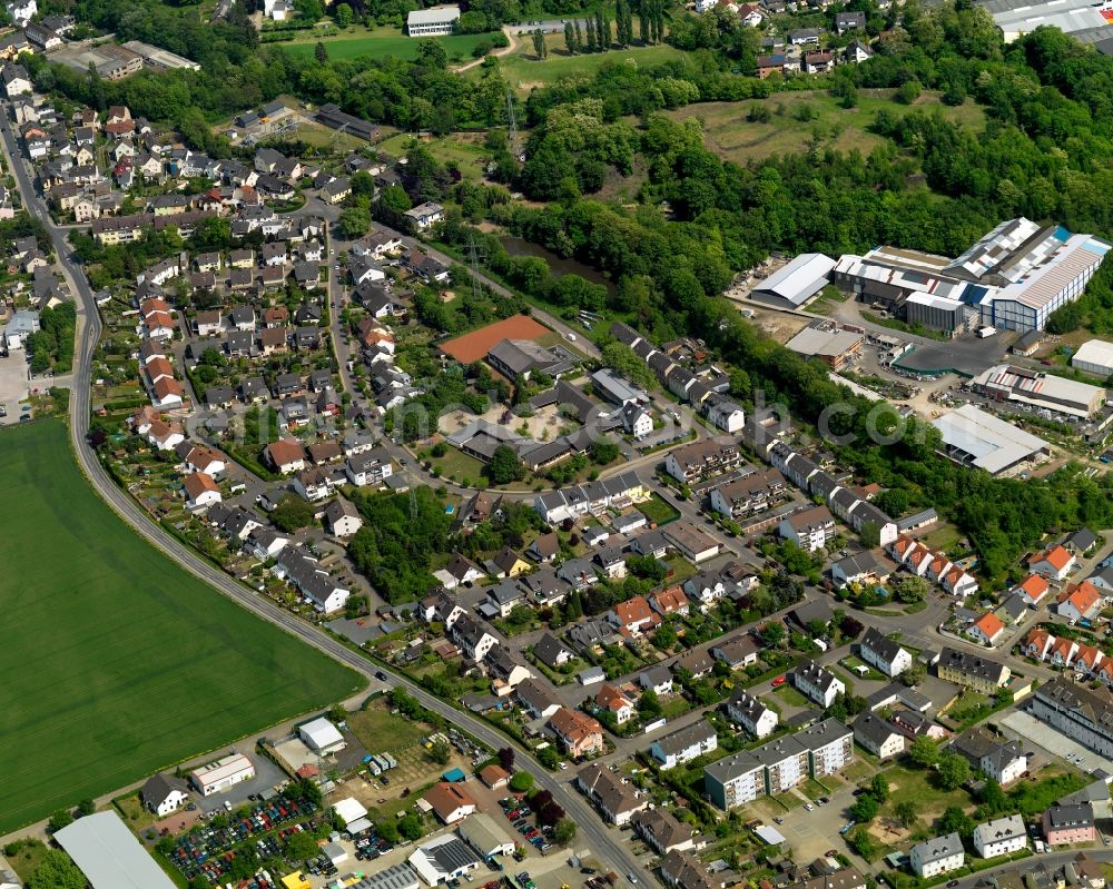 Bendorf from above - View of the Muelhofen part of the town of Bendorf in the state of Rhineland-Palatinate. The town is located in the county district of Mayen-Koblenz on the right riverbank of the river Rhine. The town is an official tourist resort and is located on the German Limes Road. It consists of the four parts Bendorf, Sayn, Muelhofen and Stromberg. Muelhofen is located in the West of Bendorf