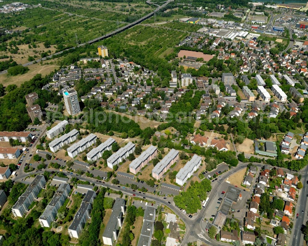 Mainz from above - View of the Mombach district of Mainz in the state of Rhineland-Palatinate. The Northern-most district is located on the river Rhine and borders the federal motorway A643 in the West. The former industrial borough is characterised by businesses, commercial areas and extensive green spaces